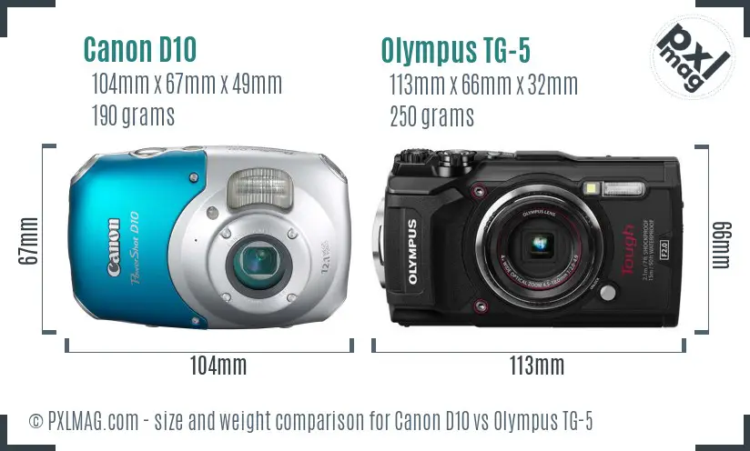 Canon D10 vs Olympus TG-5 size comparison