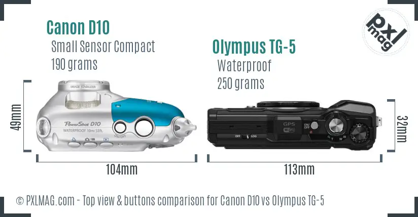 Canon D10 vs Olympus TG-5 top view buttons comparison