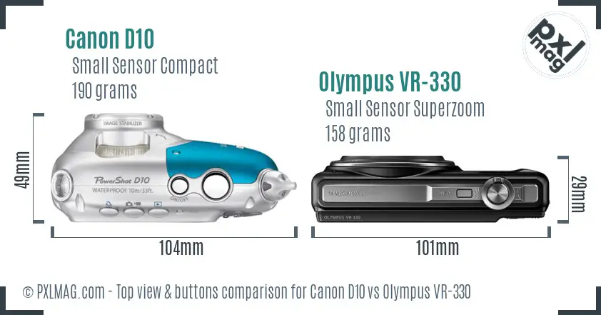 Canon D10 vs Olympus VR-330 top view buttons comparison