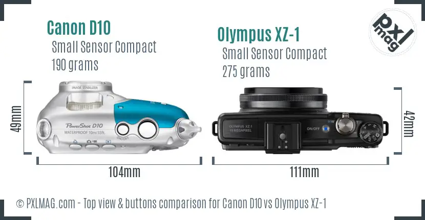 Canon D10 vs Olympus XZ-1 top view buttons comparison