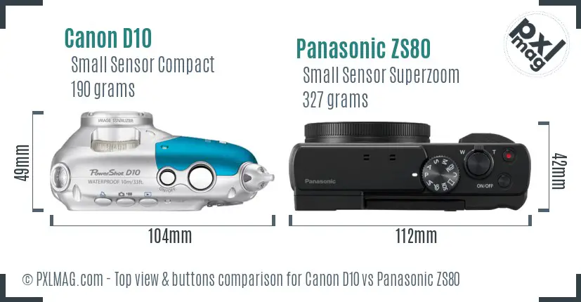 Canon D10 vs Panasonic ZS80 top view buttons comparison Canon D10 vs Panasonic ZS80 top view buttons comparison