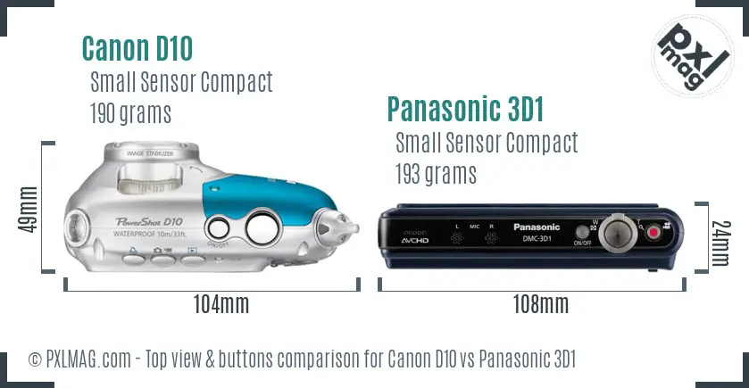 Canon D10 vs Panasonic 3D1 top view buttons comparison