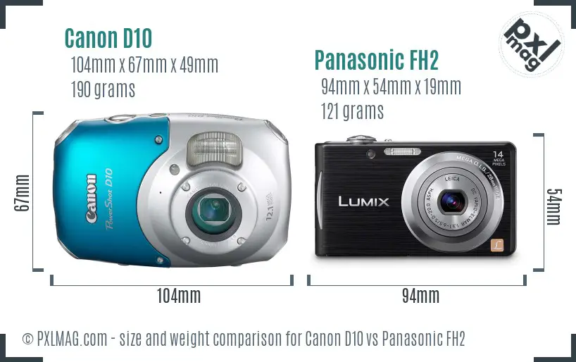 Canon D10 vs Panasonic FH2 size comparison