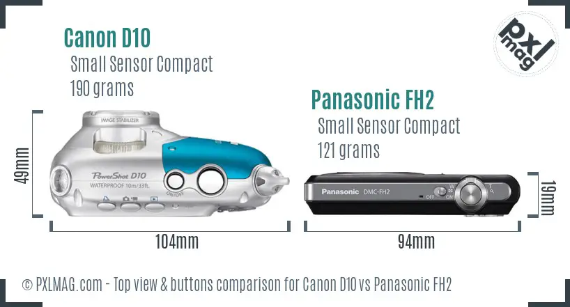 Canon D10 vs Panasonic FH2 top view buttons comparison