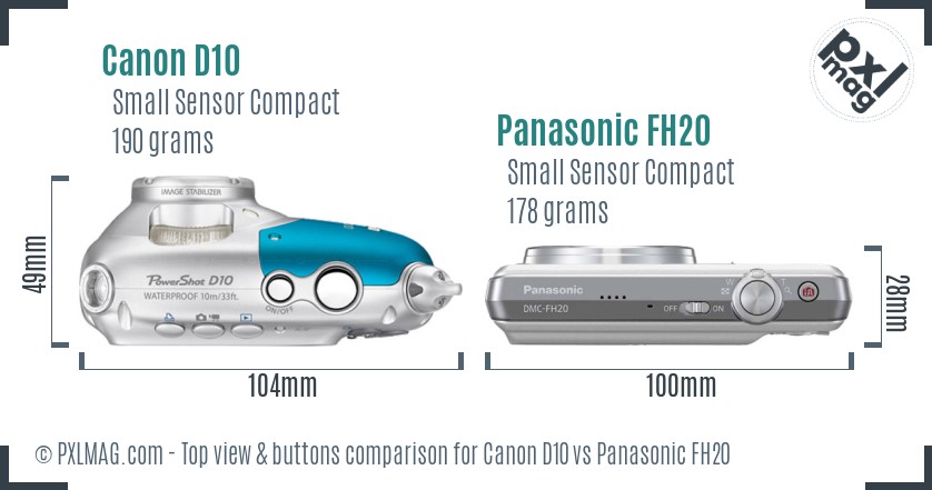 Canon D10 vs Panasonic FH20 top view buttons comparison