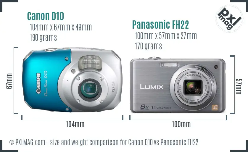 Canon D10 vs Panasonic FH22 size comparison