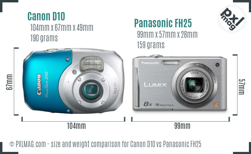 Canon D10 vs Panasonic FH25 size comparison