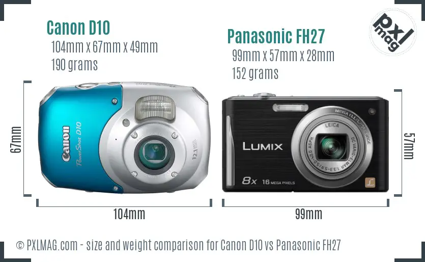 Canon D10 vs Panasonic FH27 size comparison