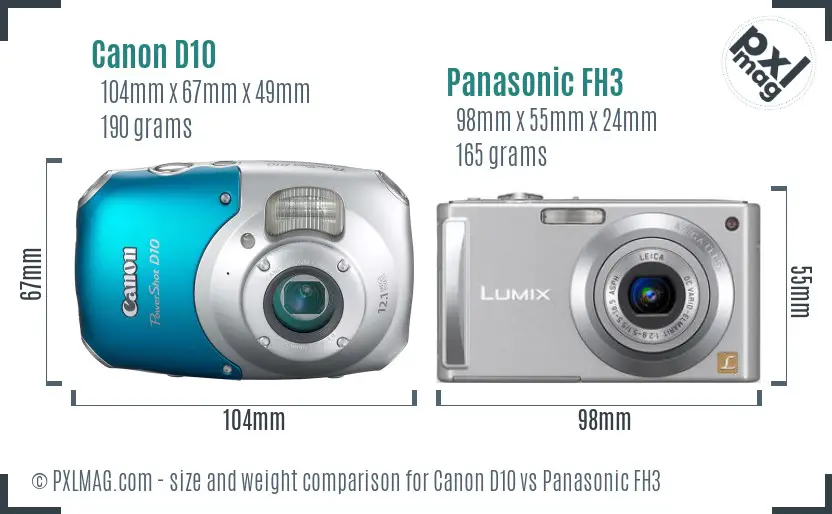 Canon D10 vs Panasonic FH3 size comparison