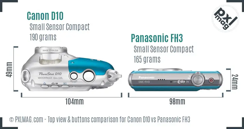 Canon D10 vs Panasonic FH3 top view buttons comparison