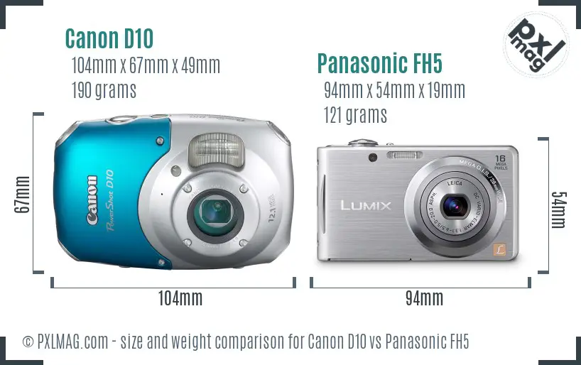 Canon D10 vs Panasonic FH5 size comparison
