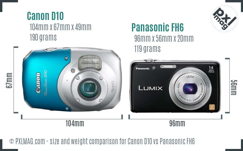 Canon D10 vs Panasonic FH6 size comparison