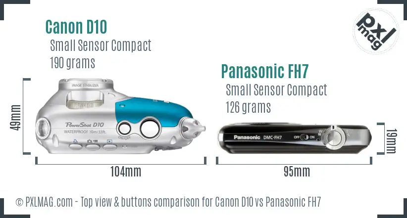Canon D10 vs Panasonic FH7 top view buttons comparison