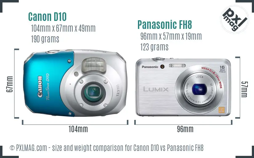 Canon D10 vs Panasonic FH8 size comparison