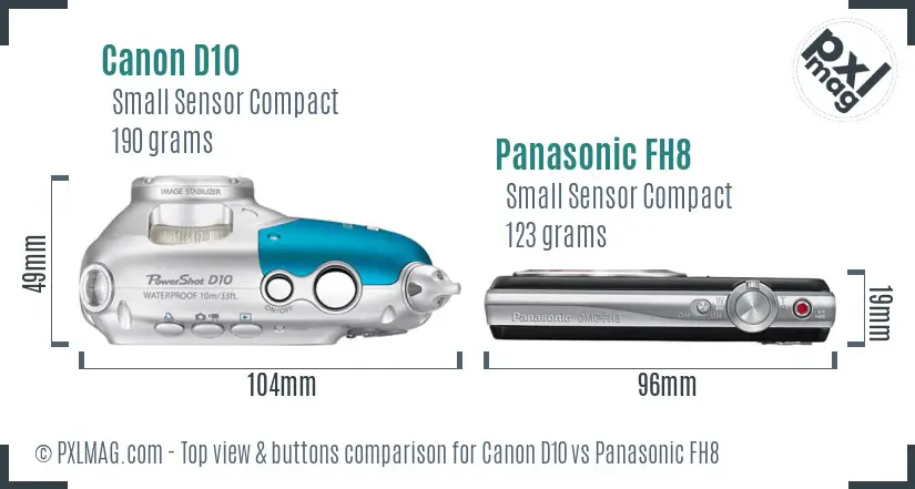 Canon D10 vs Panasonic FH8 top view buttons comparison