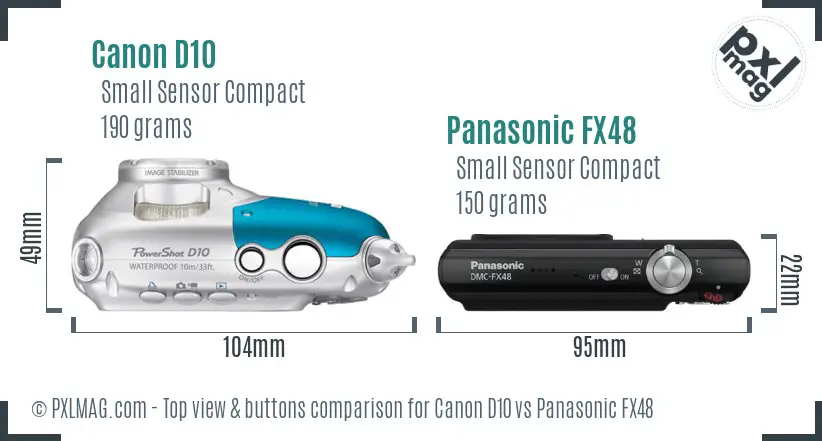 Canon D10 vs Panasonic FX48 top view buttons comparison