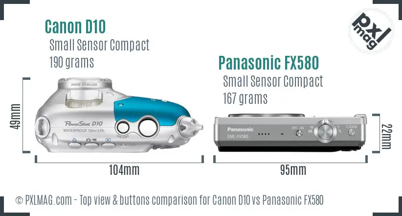 Canon D10 vs Panasonic FX580 top view buttons comparison