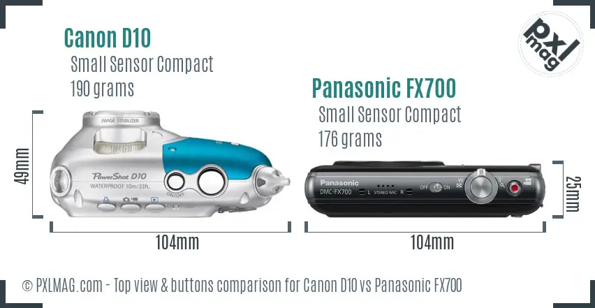 Canon D10 vs Panasonic FX700 top view buttons comparison Canon D10 vs Panasonic FX700 top view buttons comparison