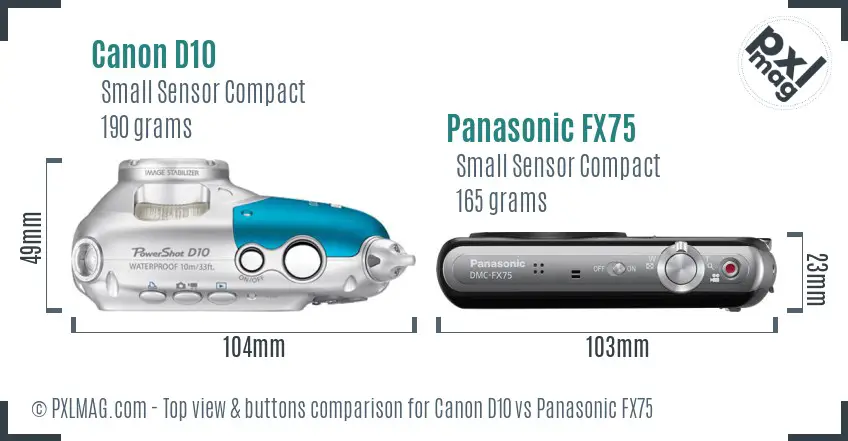 Canon D10 vs Panasonic FX75 top view buttons comparison