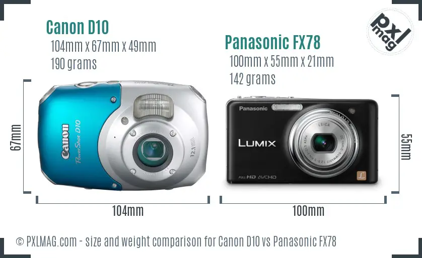 Canon D10 vs Panasonic FX78 size comparison