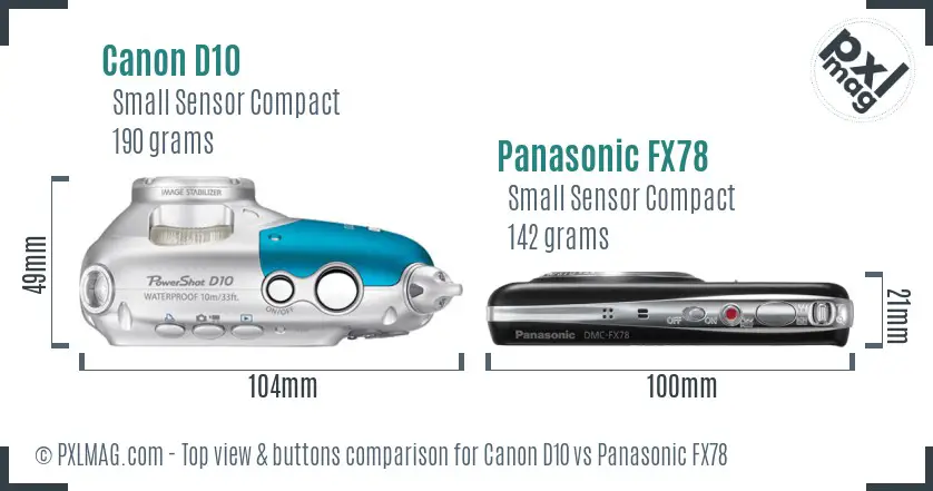 Canon D10 vs Panasonic FX78 top view buttons comparison