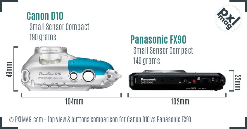 Canon D10 vs Panasonic FX90 top view buttons comparison Canon D10 vs Panasonic FX90 top view buttons comparison
