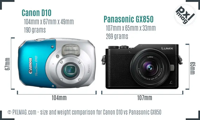 Canon D10 vs Panasonic GX850 size comparison