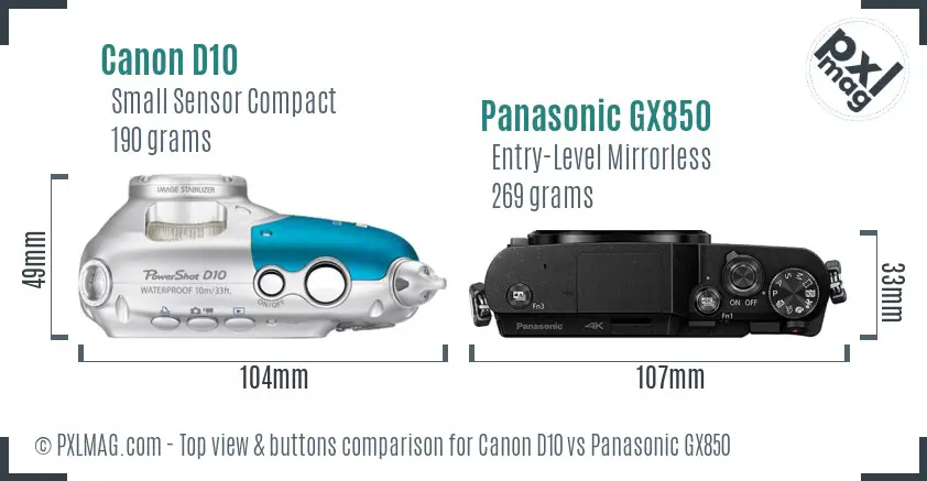 Canon D10 vs Panasonic GX850 top view buttons comparison
