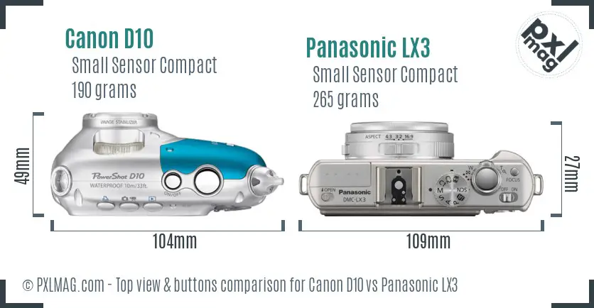 Canon D10 vs Panasonic LX3 top view buttons comparison