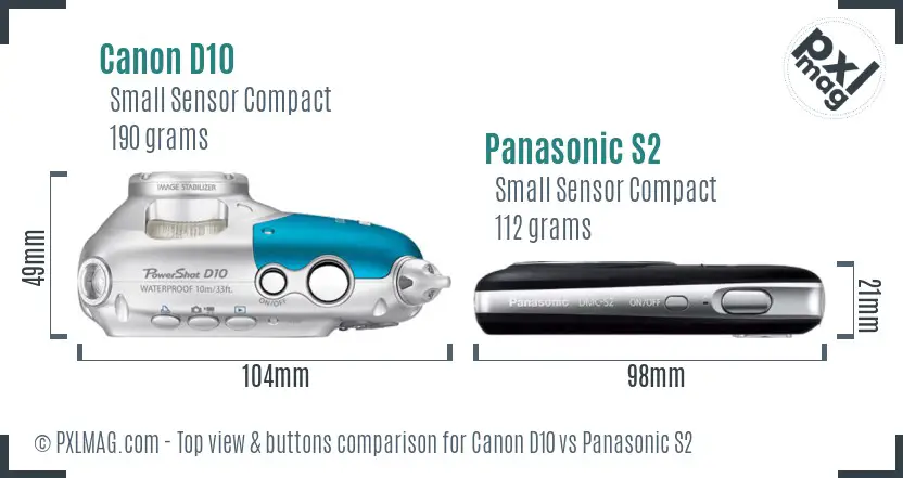 Canon D10 vs Panasonic S2 top view buttons comparison Canon D10 vs Panasonic S2 top view buttons comparison