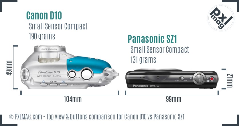 Canon D10 vs Panasonic SZ1 top view buttons comparison
