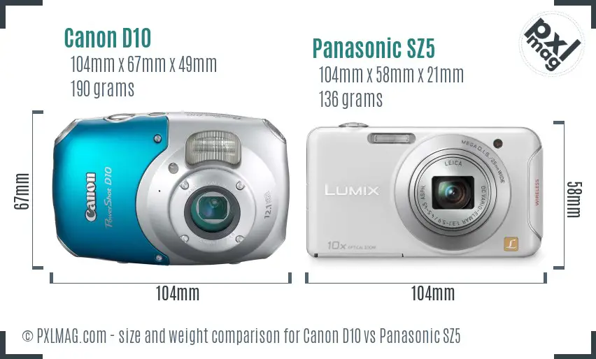 Canon D10 vs Panasonic SZ5 size comparison