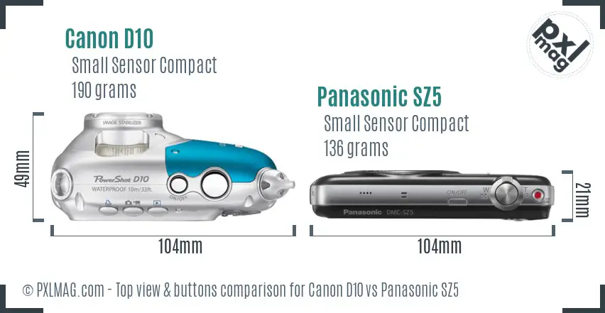 Canon D10 vs Panasonic SZ5 top view buttons comparison