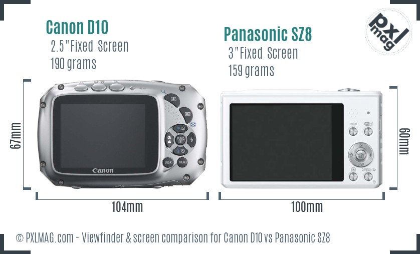 Canon D10 vs Panasonic SZ8 Screen and Viewfinder comparison