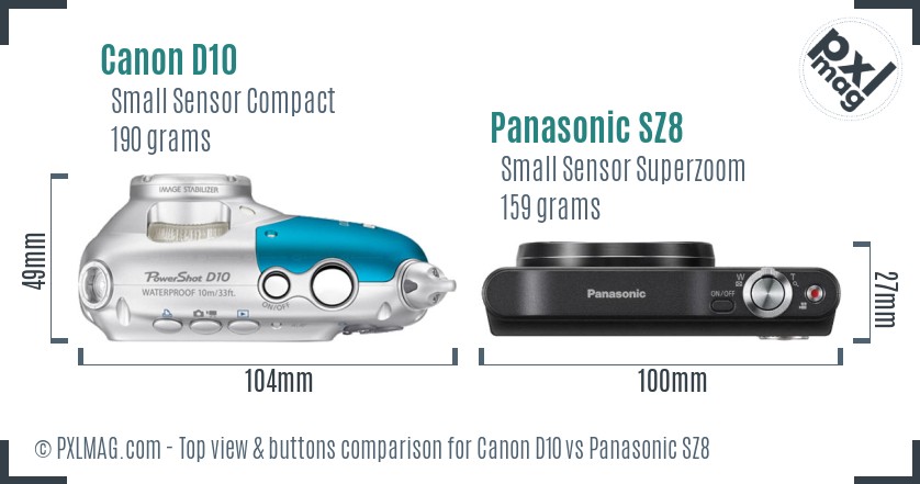 Canon D10 vs Panasonic SZ8 top view buttons comparison