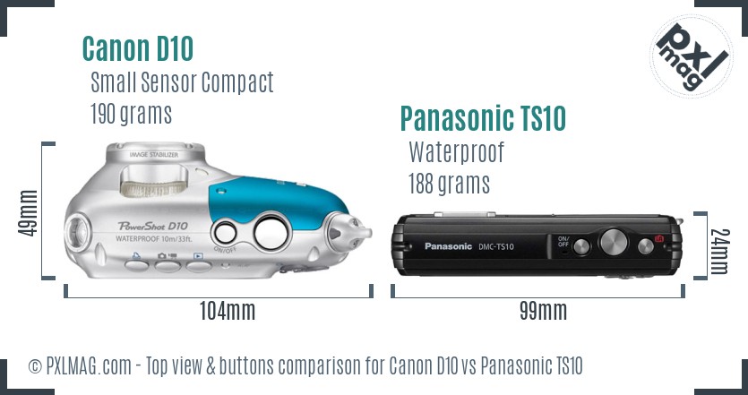 Canon D10 vs Panasonic TS10 top view buttons comparison