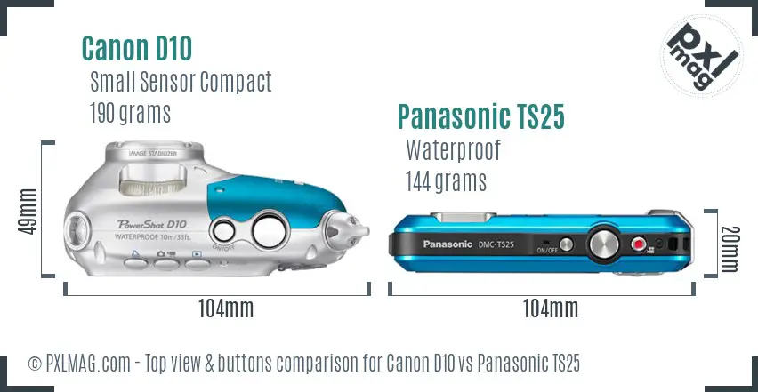 Canon D10 vs Panasonic TS25 top view buttons comparison