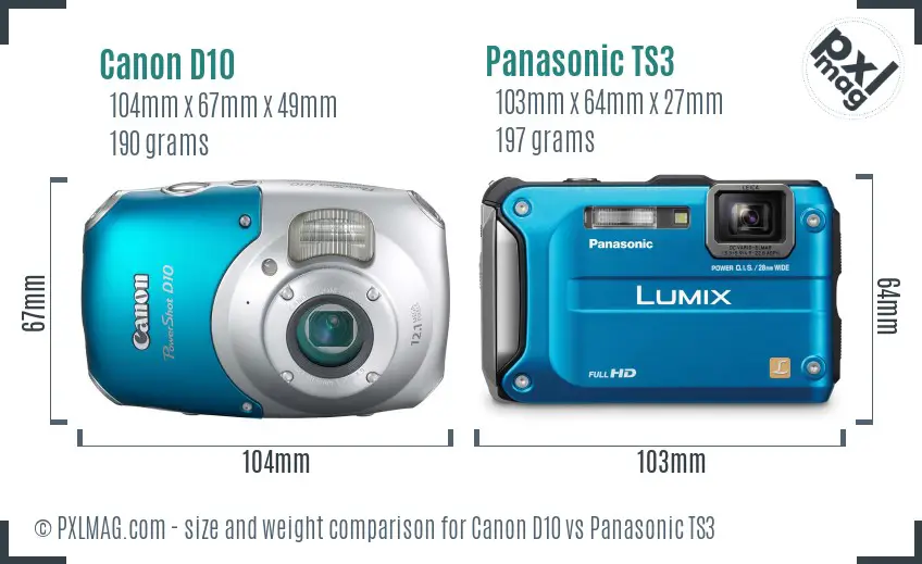 Canon D10 vs Panasonic TS3 size comparison