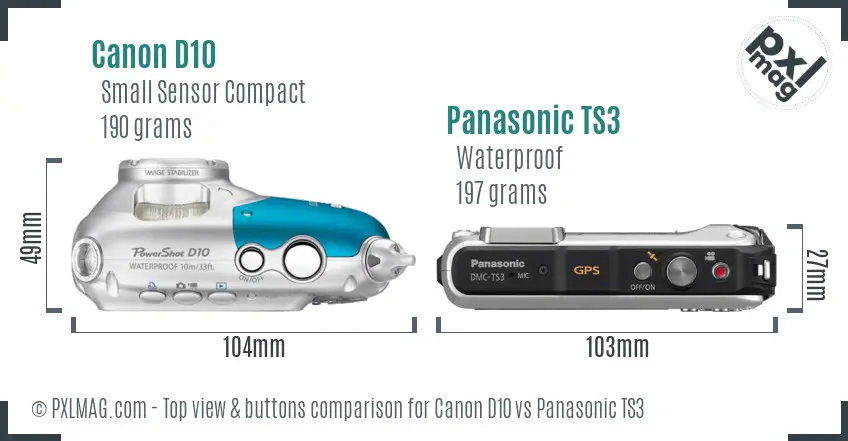 Canon D10 vs Panasonic TS3 top view buttons comparison