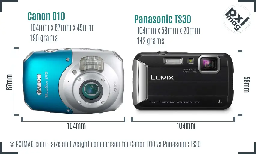 Canon D10 vs Panasonic TS30 size comparison