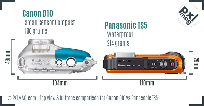 Canon D10 vs Panasonic TS5 top view buttons comparison Canon D10 vs Panasonic TS5 top view buttons comparison