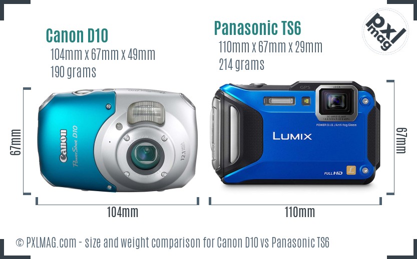 Canon D10 vs Panasonic TS6 size comparison