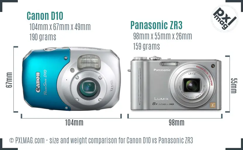 Canon D10 vs Panasonic ZR3 size comparison