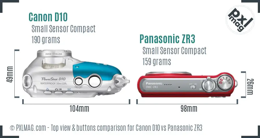 Canon D10 vs Panasonic ZR3 top view buttons comparison