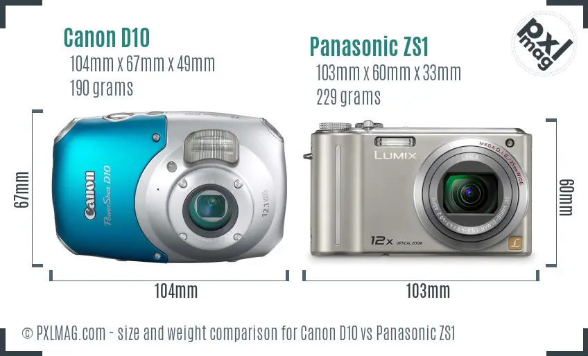 Canon D10 vs Panasonic ZS1 size comparison