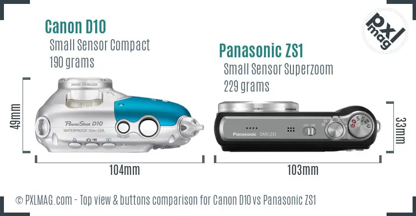 Canon D10 vs Panasonic ZS1 top view buttons comparison