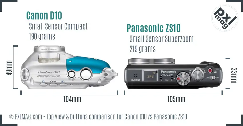 Canon D10 vs Panasonic ZS10 top view buttons comparison