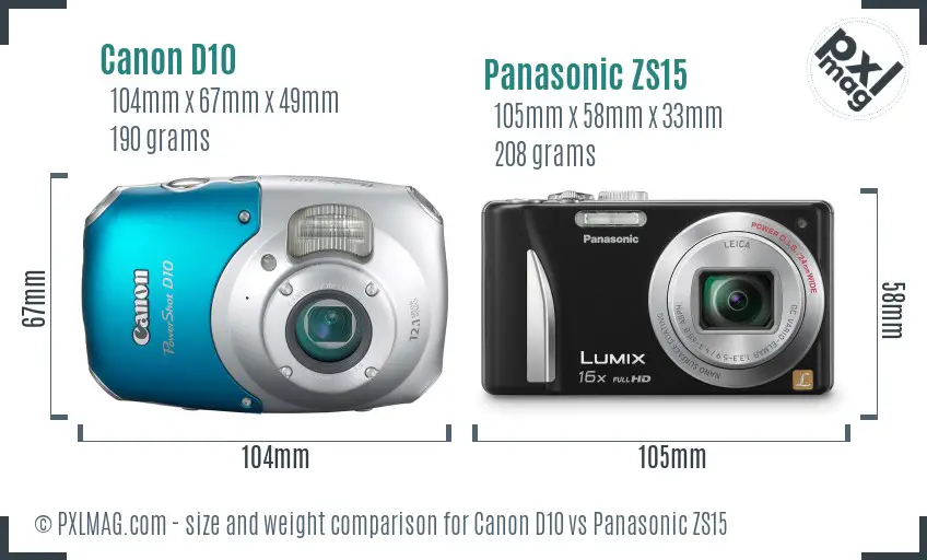 Canon D10 vs Panasonic ZS15 size comparison