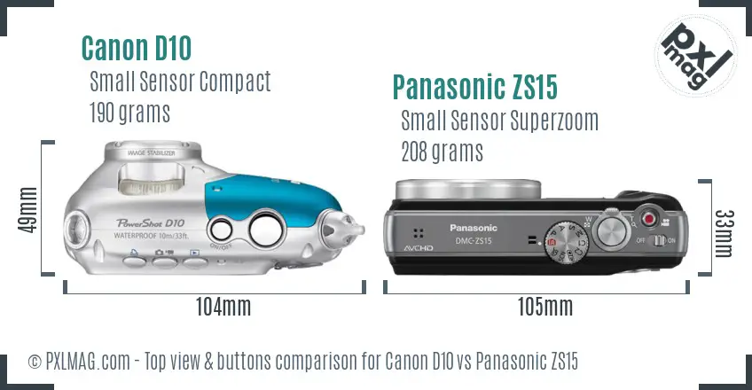 Canon D10 vs Panasonic ZS15 top view buttons comparison