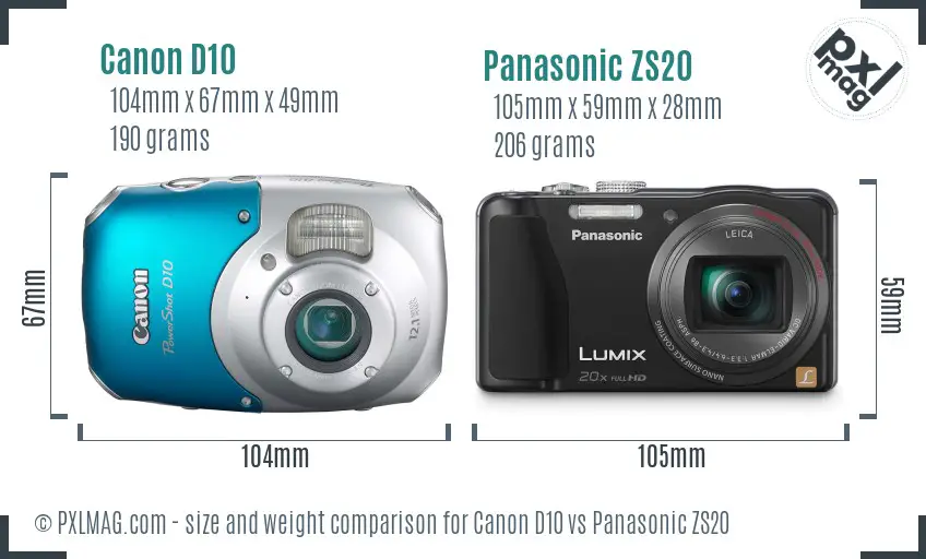 Canon D10 vs Panasonic ZS20 size comparison
